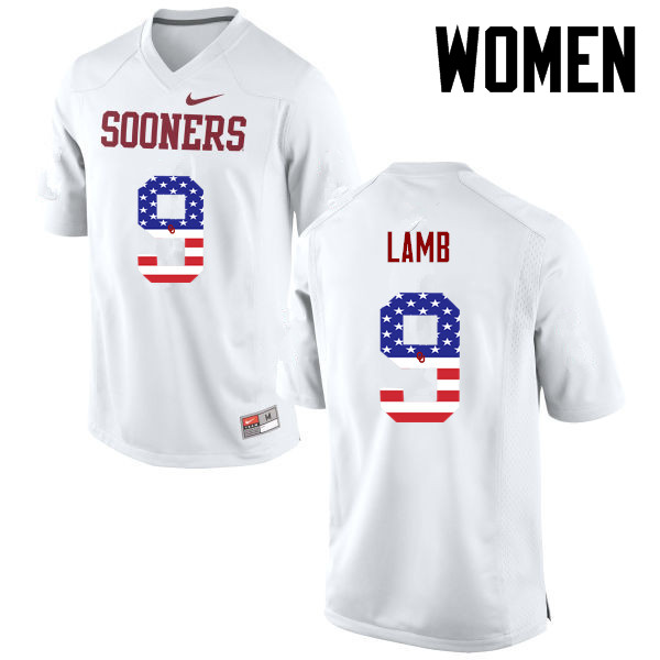 Women Oklahoma Sooners #9 CeeDee Lamb College Football USA Flag Fashion Jerseys-White - Click Image to Close